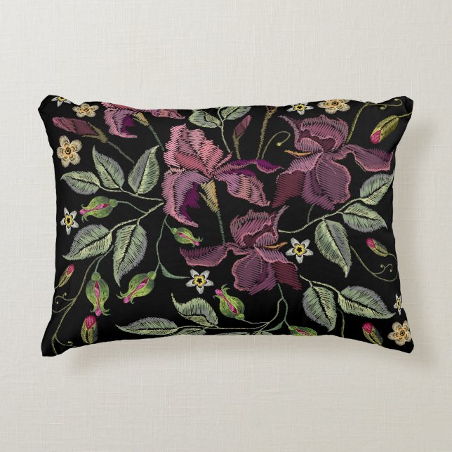 Embroidered Purple Irises Black Background. Accent Pillow (Front)