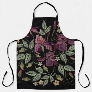 Embroidered Purple Irises Black Background. Apron