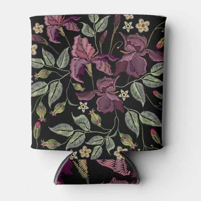 Embroidered Purple Irises Black Background. Can Cooler (Front)
