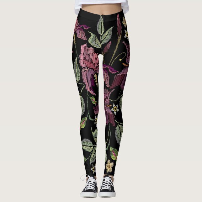 Embroidered Purple Irises Black Background. Leggings (Front)