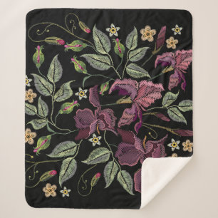 Embroidered Purple Irises Black Background. Sherpa Blanket