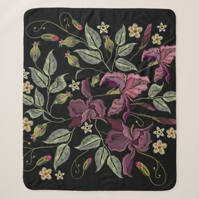 Embroidered Purple Irises Black Background. Sherpa Blanket (Front)