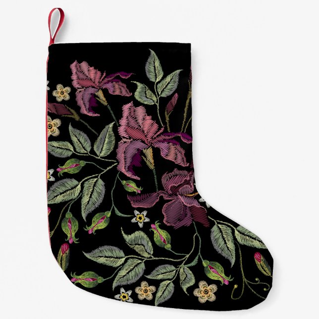 Embroidered Purple Irises Black Background. Small Christmas Stocking (Front)