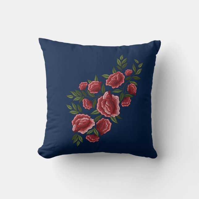Embroidered Red Roses Green Leaves Floral Blue Throw Pillow (Front)