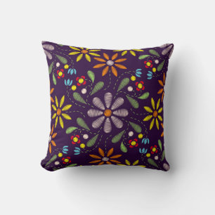 Embroidered Red Yellow Orange Pink Green Floral Throw Pillow