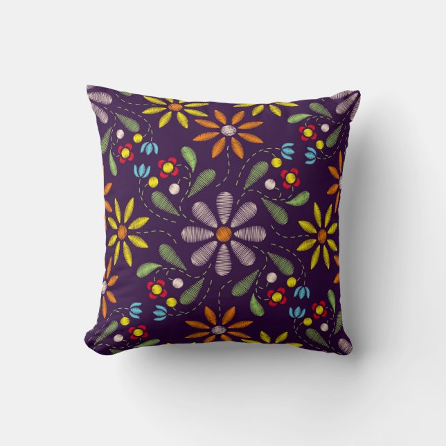 Embroidered Red Yellow Orange Pink Green Floral Throw Pillow (Front)
