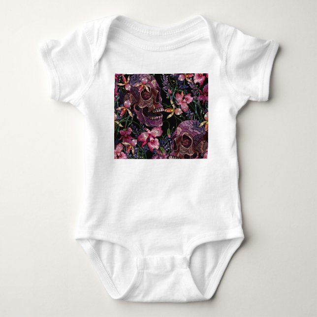 Embroidered Skull: Gothic Orchid Pattern Baby Bodysuit (Front)