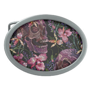 Embroidered Skull: Gothic Orchid Pattern Belt Buckle