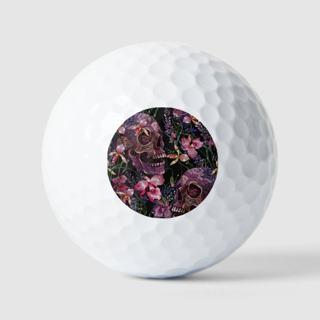 Embroidered Skull: Gothic Orchid Pattern Golf Balls (Front)