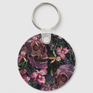 Embroidered Skull: Gothic Orchid Pattern Keychain