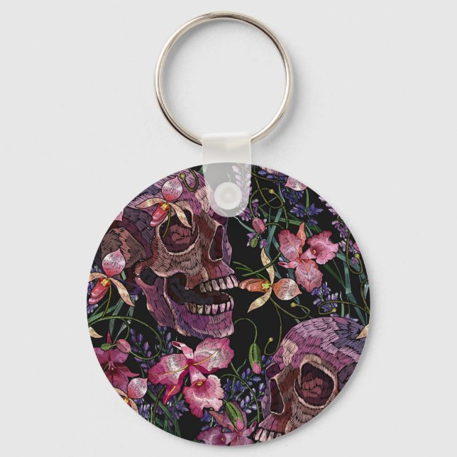 Embroidered Skull: Gothic Orchid Pattern Keychain (Front)