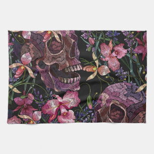 Embroidered Skull: Gothic Orchid Pattern Kitchen Towel