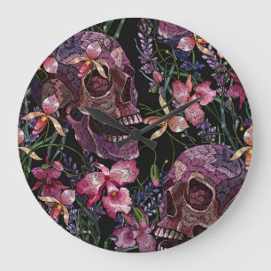 Embroidered Skull: Gothic Orchid Pattern Large Clock