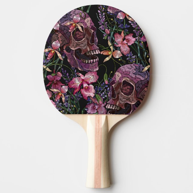 Embroidered Skull: Gothic Orchid Pattern Ping Pong Paddle (Front)