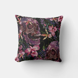 Embroidered Skull: Gothic Orchid Pattern Throw Pillow