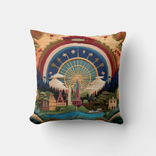 Embroidered-Style Ferris Wheel and Scenic Landscap Throw Pillow (Front)