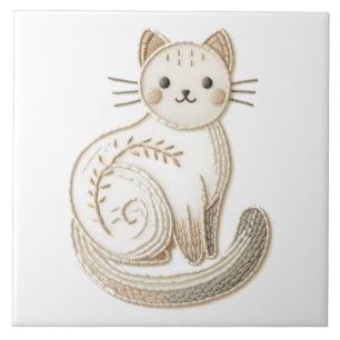 Embroidered Style Neutral Boho Kitty Cat Art Tile