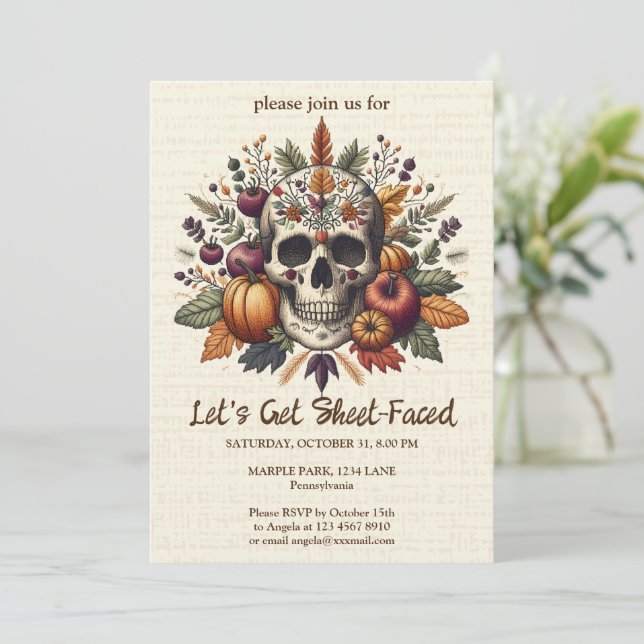 Embroidered Sugar Skull Fall Flowers Pastel Goth Invitation (Standing Front)