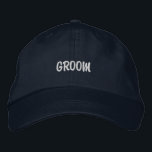 EMBROIDERED WEDDING GROOM  EMBROIDERED HAT<br><div class="desc">Embroidered caps will make a useful and loved wedding favor for your wedding party to receive.
Choose from the available embroidery fonts and colors,  as well as color of cap.</div>