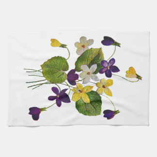 Embroidered White, Yellow and Purple Violets Kitchen Towel