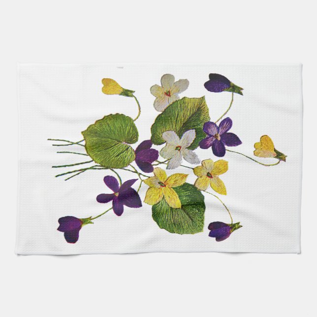 Embroidered White, Yellow and Purple Violets Kitchen Towel (Horizontal)