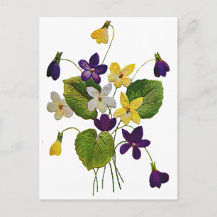 Embroidered White, Yellow and Purple Violets Postcard