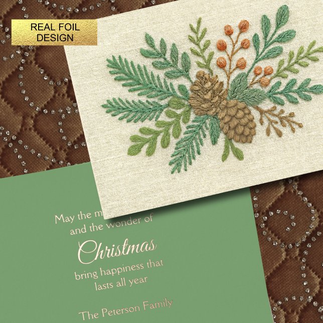 Embroidery Christmas Floral Sprig Pinecone Foil Holiday Card (Creator Uploaded)