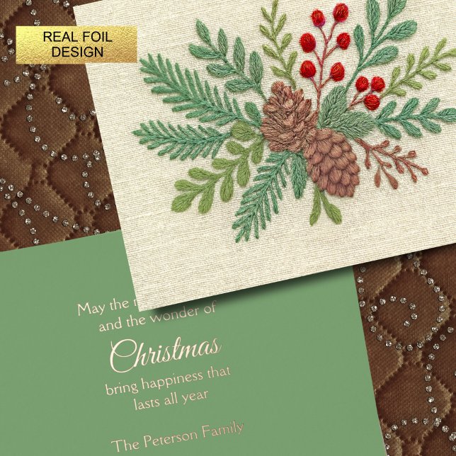 Embroidery Christmas Floral Sprig Pinecone Red Foil Holiday Card (Creator Uploaded)