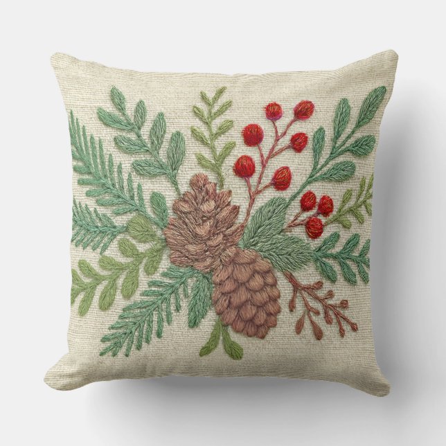 Embroidery Christmas Floral Sprig Pinecone Red Throw Pillow (Front)