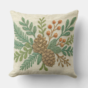 Embroidery Christmas Floral Sprig Pinecone Throw Pillow