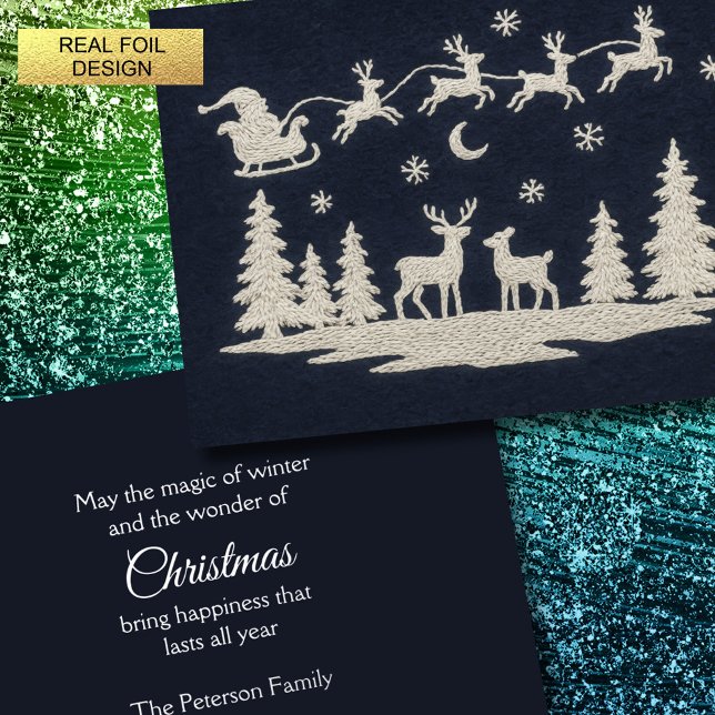 Embroidery Christmas Forest Animals Santa Sleigh Foil Holiday Card (Creator Uploaded)