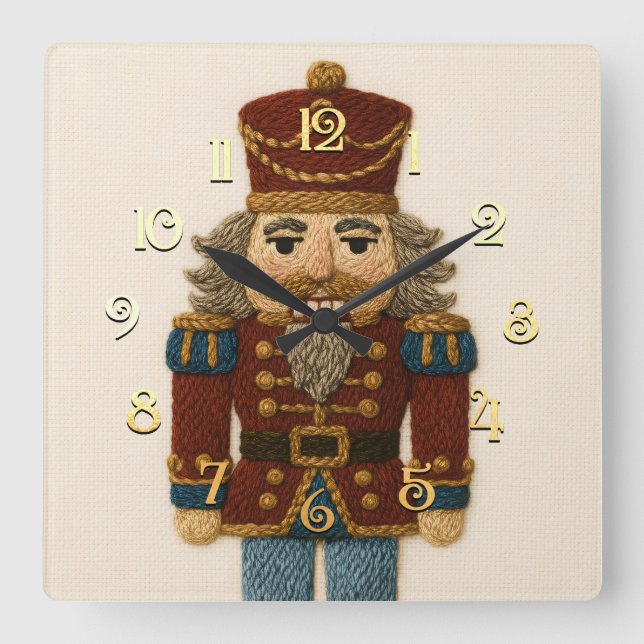 Embroidery Christmas Nutcracker Square Wall Clock (Front)