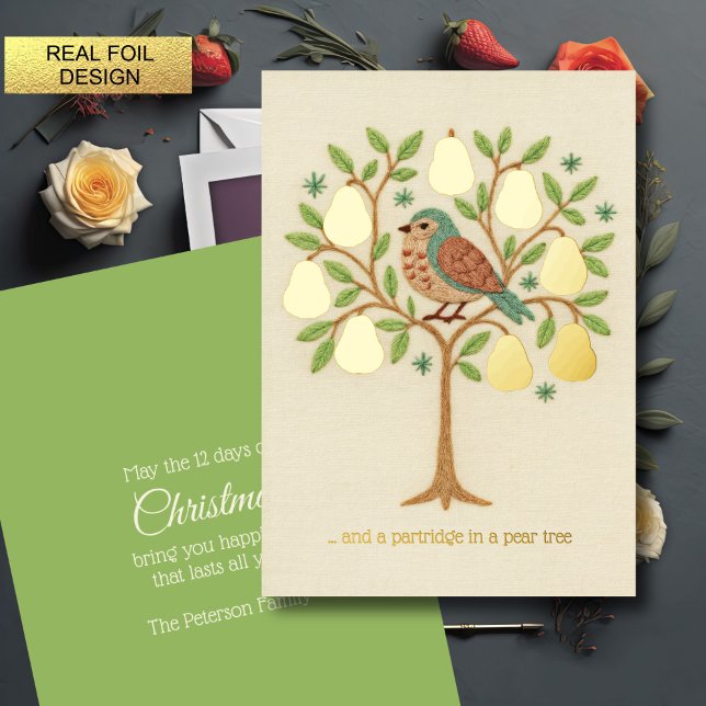 Embroidery Christmas Partridge in a Pear Tree Foil Holiday Card (Creator Uploaded)