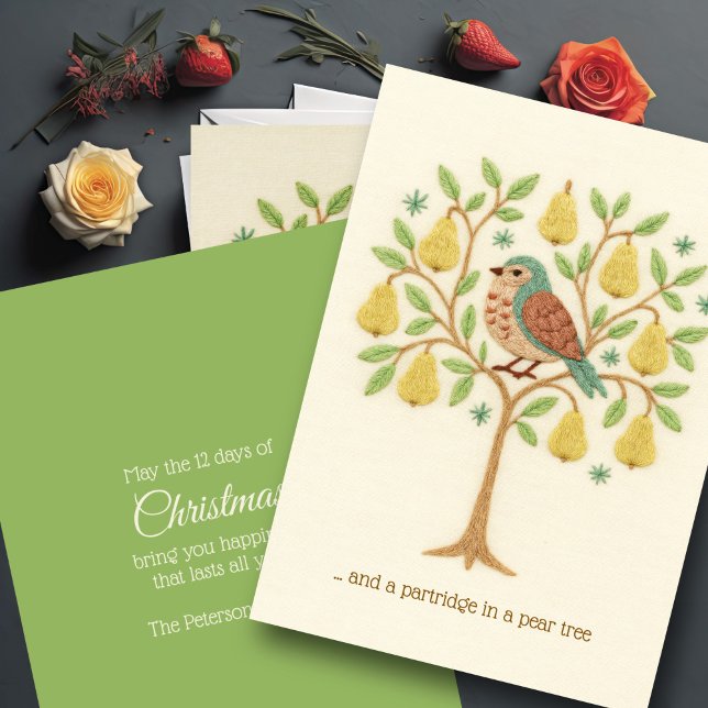 Embroidery Christmas Partridge in a Pear Tree Holiday Card (Creator Uploaded)