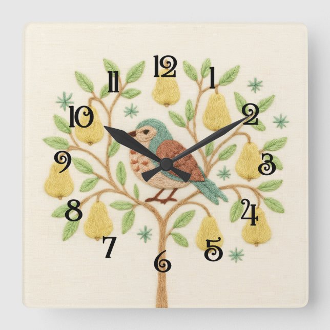 Embroidery Christmas Partridge in a Pear Tree Square Wall Clock (Front)