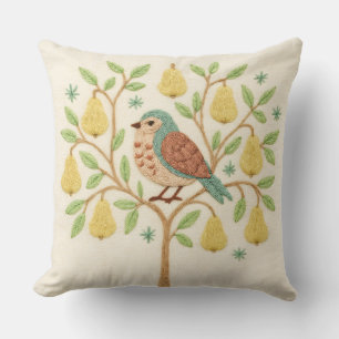 Embroidery Christmas Partridge in a Pear Tree Throw Pillow