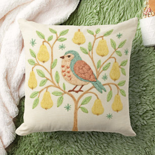 Embroidery Christmas Partridge in a Pear Tree Throw Pillow