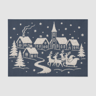 Embroidery Christmas Snow Village Scene Blue White Tissue Paper