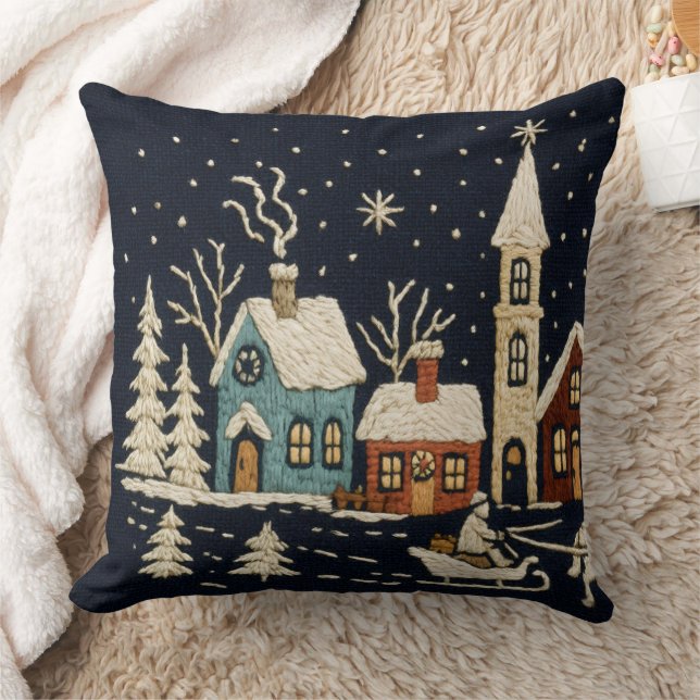 Embroidery Christmas Snowy Village Scene Blue Throw Pillow (Blanket)