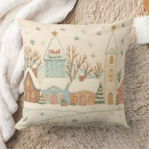 Embroidery Christmas Snowy Village Scene Throw Pillow