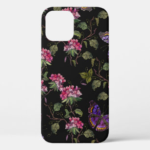 Embroidery datura flowers and butterflies seamless iPhone 12 case