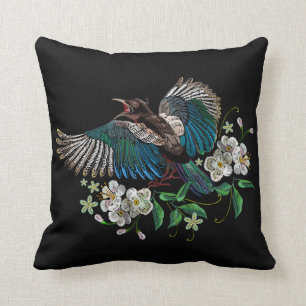 Embroidery Design Magpie Bird White Flower Black Throw Pillow
