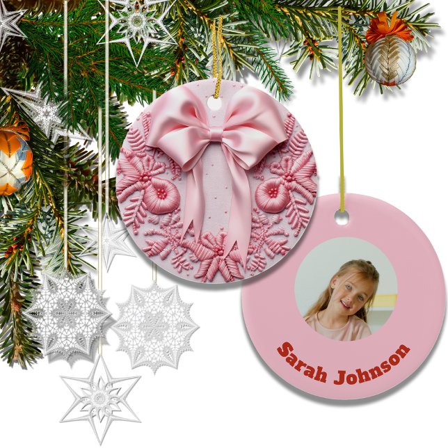Embroidery Effect Christmas Bow Custom Photo Name Ceramic Ornament (Creator Uploaded)
