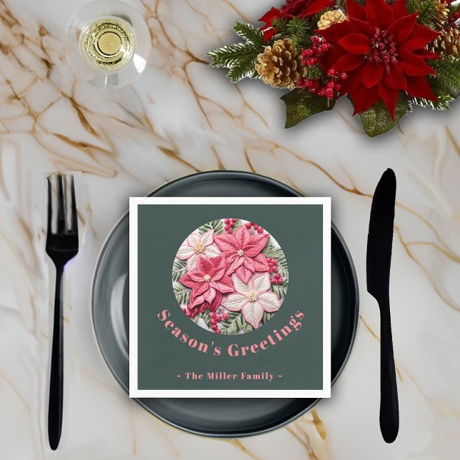 Embroidery Effect Christmas Poinsettia Custom Name Napkin (Creator Uploaded)