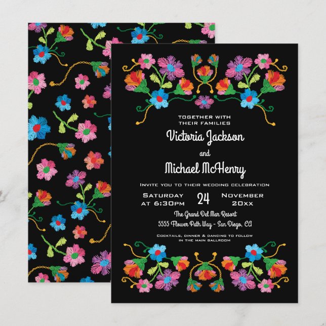 Embroidery Floral Folk art Wedding Invitation (Front/Back)