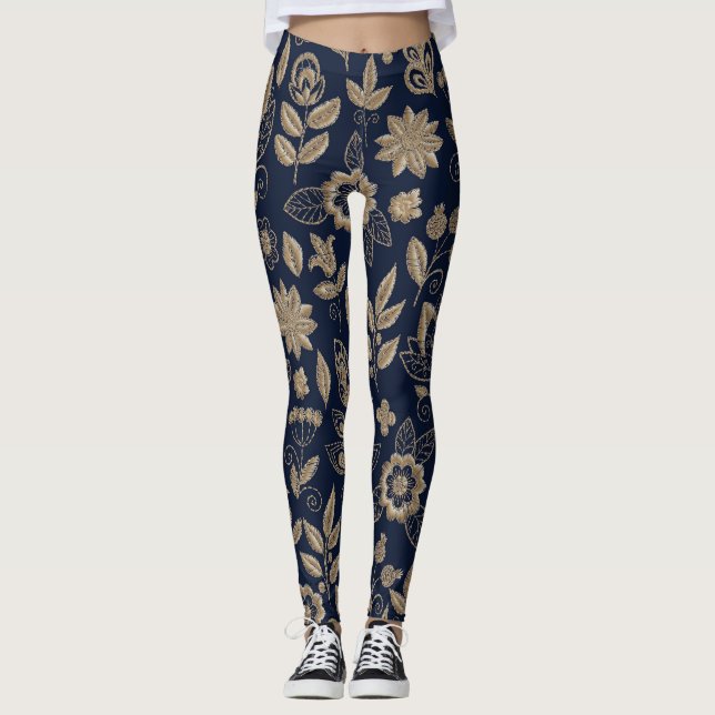 Embroidery Flowers Dark Vintage Ornament Leggings (Front)