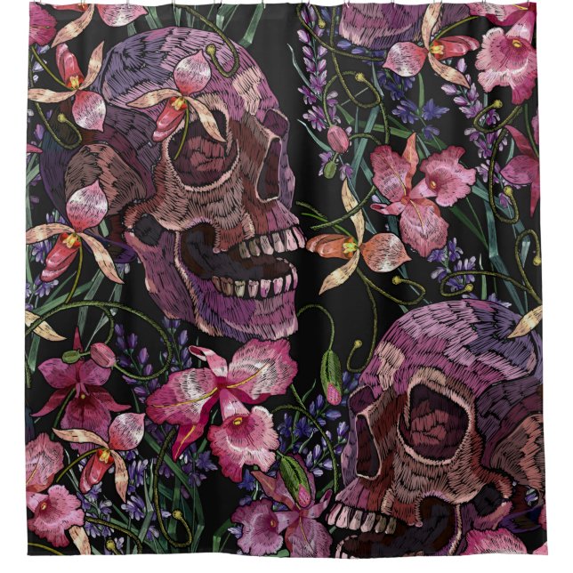 Embroidery human skull and pink orchid flowers pat (Front)