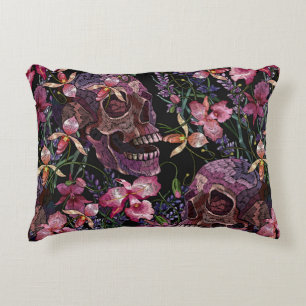 Embroidery human skull and pink orchid flowers pat accent pillow