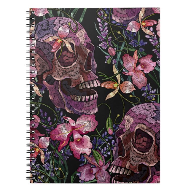Embroidery human skull and pink orchid flowers pat notebook (Front)