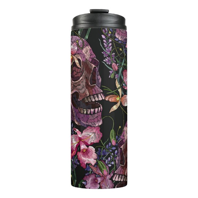 Embroidery human skull and pink orchid flowers pat thermal tumbler (Front)
